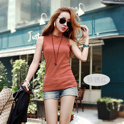 Autumn Women's Korean Style Half Turtleneck Sleeveless T-Shirt Women's Pure Color Pull-Up Cotton Bottoming Shirt with Vest Export Cross-Border