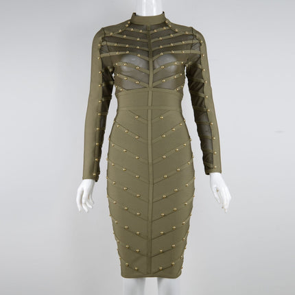 Cross-border e-commerce European and American Foreign Trade women's clothing heavy industry nailing perspective mesh long sleeve dress bandage dress hot sale