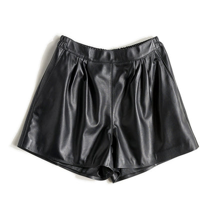 Cool Lambskin Straight-Leg Shorts in Dark Burgundy Sheepskin with Semi-Elastic Waist, Pleated Pockets, Casual Genuine Sheepskin Boot Shorts