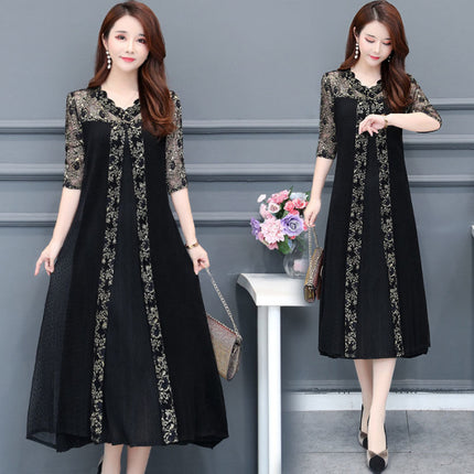 Spring Outfit for Plus-Size Women: Over-The-Knee Dress That Hides the Belly and Looks Slimming, Lace Long Dress with a Trendy Patchwork Design