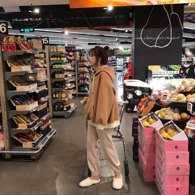 2019 Autumn and Winter Korean Loose Slimming Casual Sports Suit Solid Color Fleece Sweatshirt Harlan Pants Two-piece Set for Women