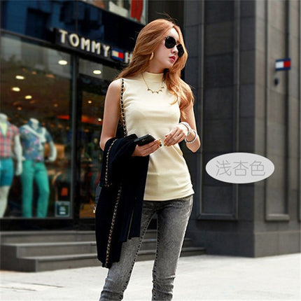 Autumn Women's Korean Style Half Turtleneck Sleeveless T-Shirt Women's Pure Color Pull-Up Cotton Bottoming Shirt with Vest Export Cross-Border