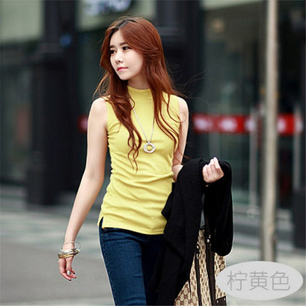 Autumn Women's Korean Style Half Turtleneck Sleeveless T-Shirt Women's Pure Color Pull-Up Cotton Bottoming Shirt with Vest Export Cross-Border