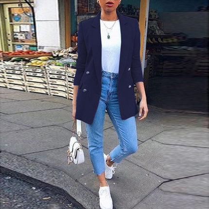 Amazon wish explosions solid color fashion lapel cardigan 2020 Europe and the United States long temperament suit jacket women