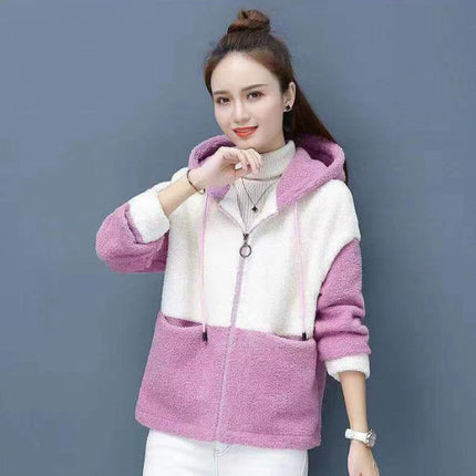 Lambskin Coat Women's 2019 Winter New Korean-style Loose Hooded Cardigan Thickened Stitching Zipper Short Coat for Women