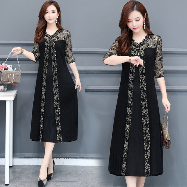 Spring Outfit for Plus-Size Women: Over-The-Knee Dress That Hides the Belly and Looks Slimming, Lace Long Dress with a Trendy Patchwork Design