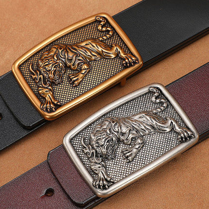 Men's Belt with Smooth Buckle, Genuine Leather, Extended Size 140Cm/150Cm, Pure Cowhide Waist Belt, Trendy Vintage Style