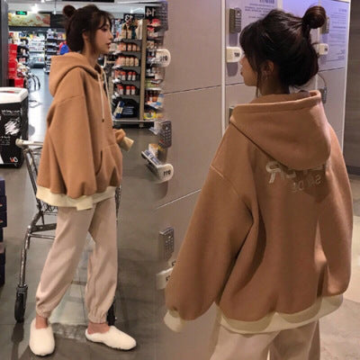 2019 Autumn and Winter Korean Loose Slimming Casual Sports Suit Solid Color Fleece Sweatshirt Harlan Pants Two-piece Set for Women