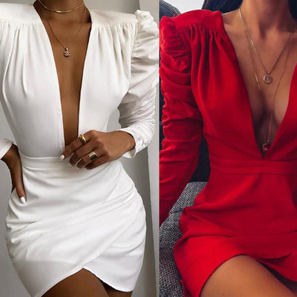 European and American Cross-Border New Autumn and Winter Pure Color Long-Sleeved Deep V Neck Slim Hip-Hugging Dress for Women
