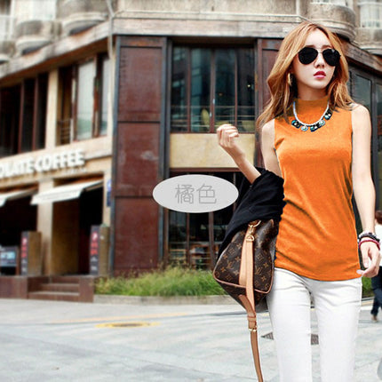 Autumn Women's Korean Style Half Turtleneck Sleeveless T-Shirt Women's Pure Color Pull-Up Cotton Bottoming Shirt with Vest Export Cross-Border