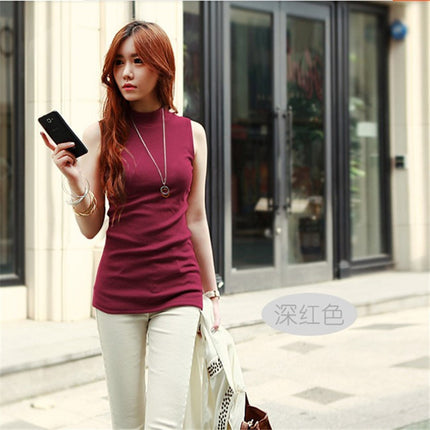 Autumn Women's Korean Style Half Turtleneck Sleeveless T-Shirt Women's Pure Color Pull-Up Cotton Bottoming Shirt with Vest Export Cross-Border