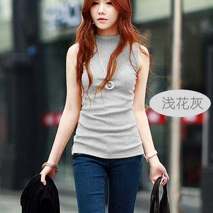 Autumn Women's Korean Style Half Turtleneck Sleeveless T-Shirt Women's Pure Color Pull-Up Cotton Bottoming Shirt with Vest Export Cross-Border