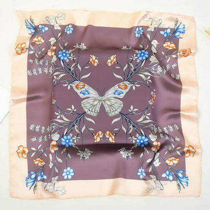 Korean Spring New 53cm New Silk Satin Butterfly Flower Ladies Small Square Scarf Scarf Small Scarf Wholesale