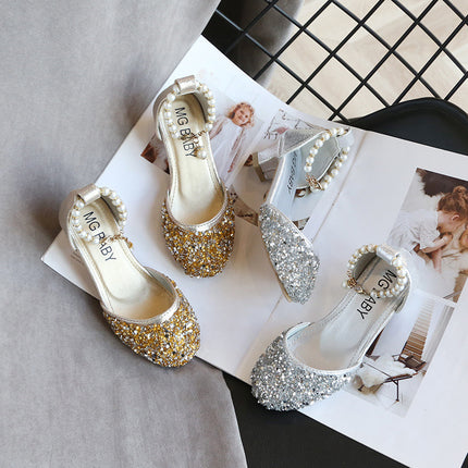 Children's Leather Shoes 2025 New Style Girls' Small High Heels with Pearl Sequins, Half-Support Soft Sole Performance Shoes for Little Princesses