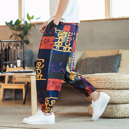 2019 spring and summer new Chinese style cotton and linen printed men's casual trousers retro plus size fashion linen skinny pants