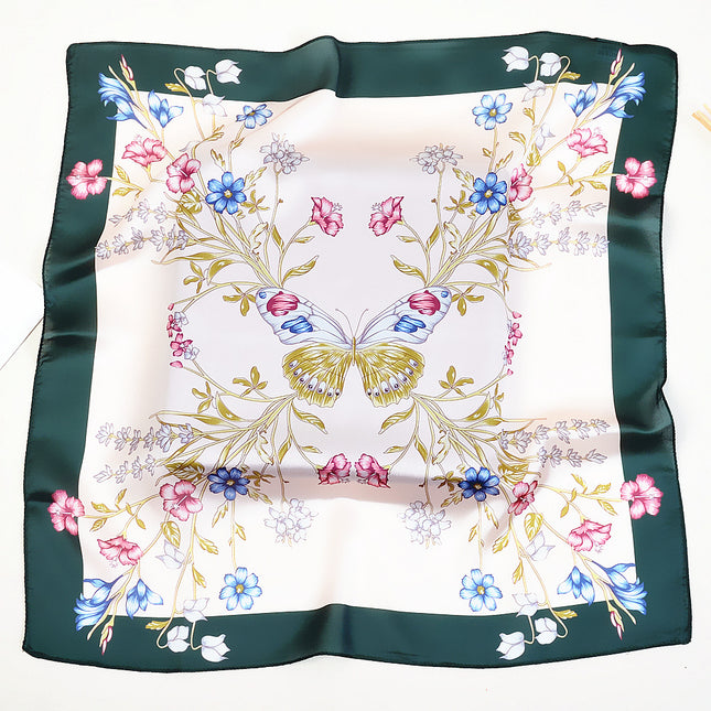 Korean Spring New 53cm New Silk Satin Butterfly Flower Ladies Small Square Scarf Scarf Small Scarf Wholesale