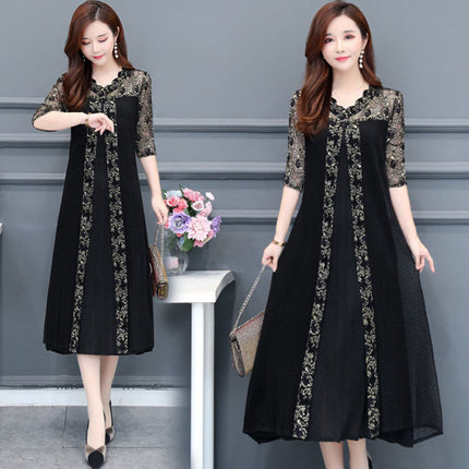 Spring Outfit for Plus-Size Women: Over-The-Knee Dress That Hides the Belly and Looks Slimming, Lace Long Dress with a Trendy Patchwork Design