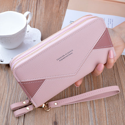 Double Zipper Wallet Women's Clutch Bag Long Fashionable Contrast Color Mother's Double Layer Wallet Large Capacity Litchi Pattern Wallet