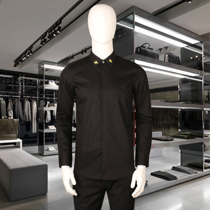 New Men's Long Sleeve Shirt Collar Golden Embroidered Bee Fashion Body Black and White plus size Shirt Men's Base Shirt
