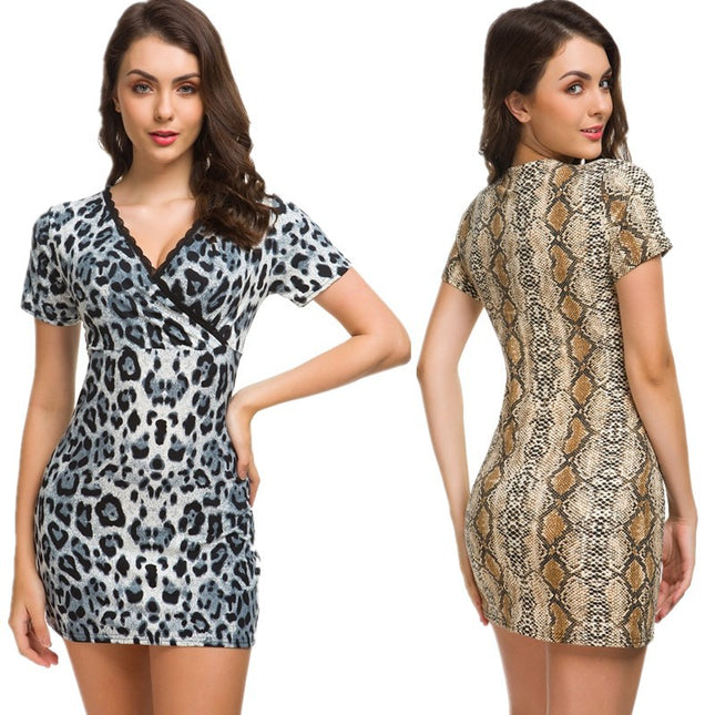 2023 European and American summer new AliExpress wish Amazon leopard print short sleeve V-neck dress women's hip dress