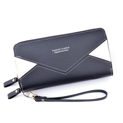 Double Zipper Wallet Women's Clutch Bag Long Fashionable Contrast Color Mother's Double Layer Wallet Large Capacity Litchi Pattern Wallet