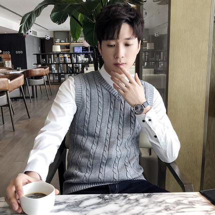 Winter Korean-style sleeveless sweater vest thickened waistcoat men's wool knitted vest men's V-neck wool vest