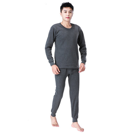 Autumn and Winter Polyester Brushed Fleece Men's Thermal Underwear Set, Round Neck Cotton Sweater, Fleece-Lined and Thickened for Warmth