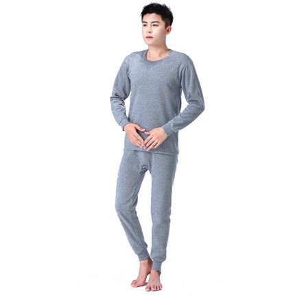Autumn and Winter Polyester Brushed Fleece Men's Thermal Underwear Set, Round Neck Cotton Sweater, Fleece-Lined and Thickened for Warmth
