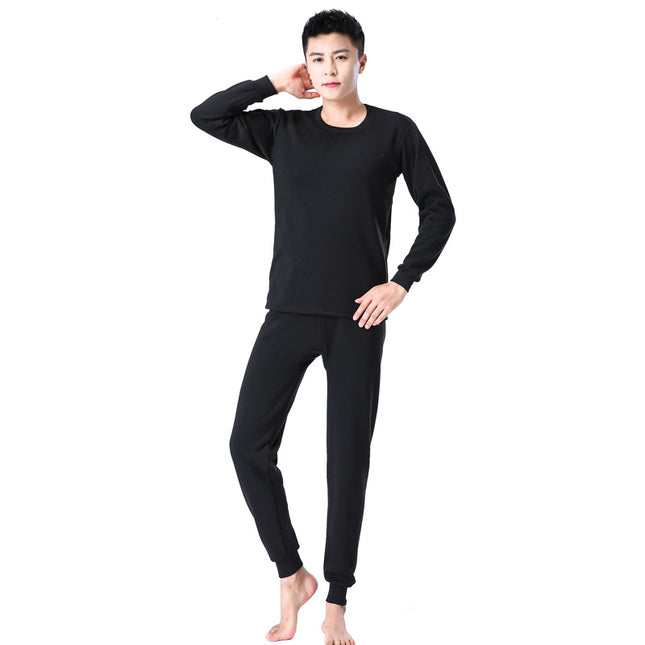 Autumn and Winter Polyester Brushed Fleece Men's Thermal Underwear Set, Round Neck Cotton Sweater, Fleece-Lined and Thickened for Warmth