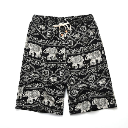 Summer new cotton and linen printed five-point men's beach pants casual sports loose plus size shorts men's thin fashion