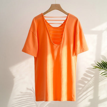 Spring and Summer Korean Style Large Size Cow Fruit Green T-shirt Women's Short Sleeve Loose Personality Niche Design Sense Beautiful Back V-neck Top
