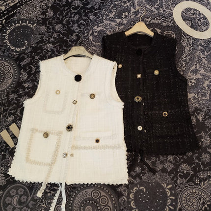 2026 Spring Fashion Chanel-Style Heavy-Duty Rhinestone Button Vest Jacket Slimming Tweed Versatile Slimming Top for Women