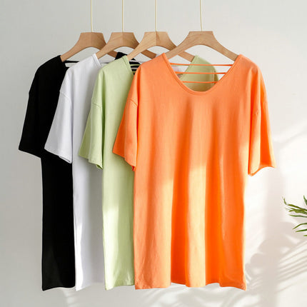 Spring and Summer Korean Style Large Size Cow Fruit Green T-shirt Women's Short Sleeve Loose Personality Niche Design Sense Beautiful Back V-neck Top