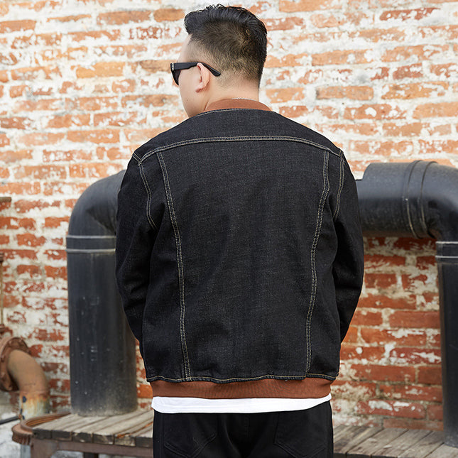Plus Size Men's Loose Denim Jacket Plus Fat Enlarged Elastic Fat Men's Baseball Uniform Korean Style Fat Jacket Trendy Top