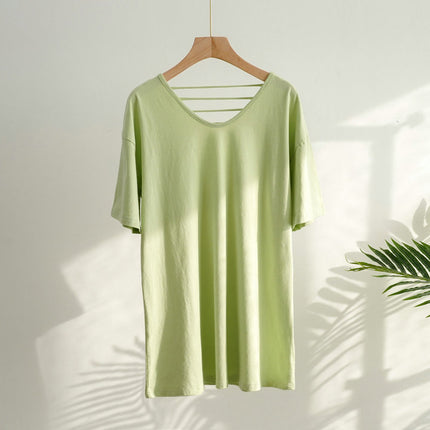 Spring and Summer Korean Style Large Size Cow Fruit Green T-shirt Women's Short Sleeve Loose Personality Niche Design Sense Beautiful Back V-neck Top
