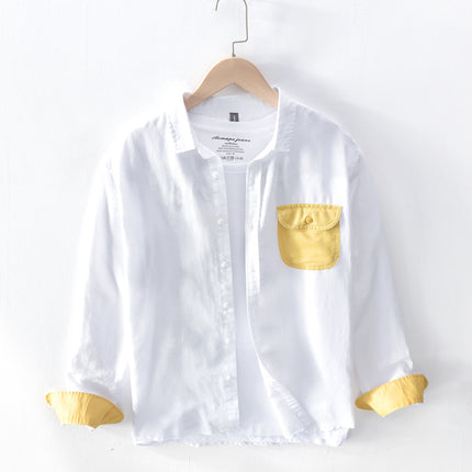 620-Men's Cotton and Linen Color-Blocked Casual Shirt, One-Piece Drop Shipping