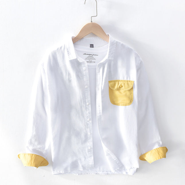 620-Men's Cotton and Linen Color-Blocked Casual Shirt, One-Piece Drop Shipping