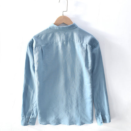620-Men's Cotton and Linen Color-Blocked Casual Shirt, One-Piece Drop Shipping