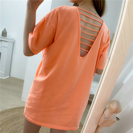 Spring and Summer Korean Style Large Size Cow Fruit Green T-shirt Women's Short Sleeve Loose Personality Niche Design Sense Beautiful Back V-neck Top