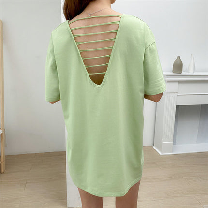Spring and Summer Korean Style Large Size Cow Fruit Green T-shirt Women's Short Sleeve Loose Personality Niche Design Sense Beautiful Back V-neck Top