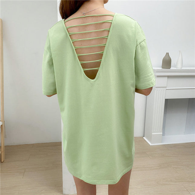 Spring and Summer Korean Style Large Size Cow Fruit Green T-shirt Women's Short Sleeve Loose Personality Niche Design Sense Beautiful Back V-neck Top