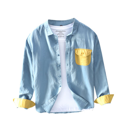 620-Men's Cotton and Linen Color-Blocked Casual Shirt, One-Piece Drop Shipping