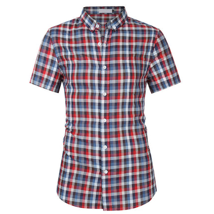 Amazon Cross-border Summer New European and American Large Size Men's Short-sleeved Lapel Plaid Shirt Men's Cotton Casual Shirt