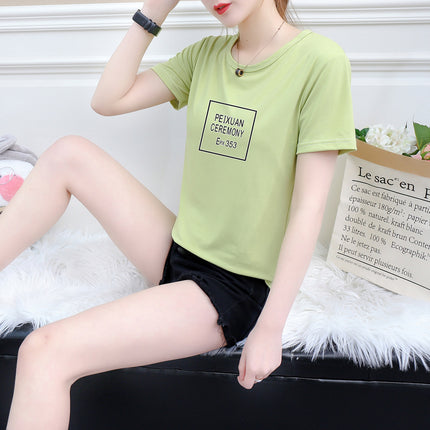 2019 New Square Plaid Summer Multicolor Short-sleeved T-shirt Women's Letters Base Shirt Pullover Round Neck Loose Korean Style