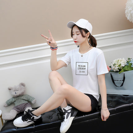 2019 New Square Plaid Summer Multicolor Short-sleeved T-shirt Women's Letters Base Shirt Pullover Round Neck Loose Korean Style