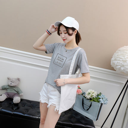 2019 New Square Plaid Summer Multicolor Short-sleeved T-shirt Women's Letters Base Shirt Pullover Round Neck Loose Korean Style