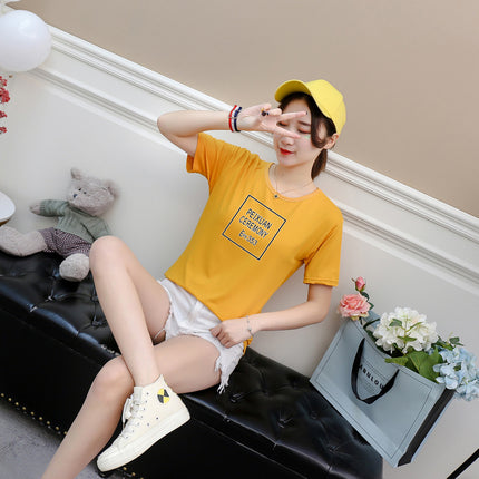 2019 New Square Plaid Summer Multicolor Short-sleeved T-shirt Women's Letters Base Shirt Pullover Round Neck Loose Korean Style
