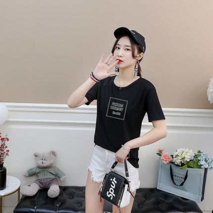 2019 New Square Plaid Summer Multicolor Short-sleeved T-shirt Women's Letters Base Shirt Pullover Round Neck Loose Korean Style