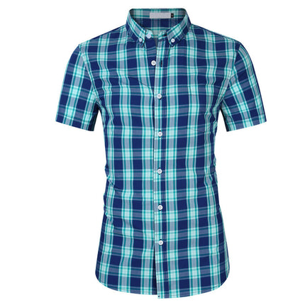 Amazon Cross-border Summer New European and American Large Size Men's Short-sleeved Lapel Plaid Shirt Men's Cotton Casual Shirt