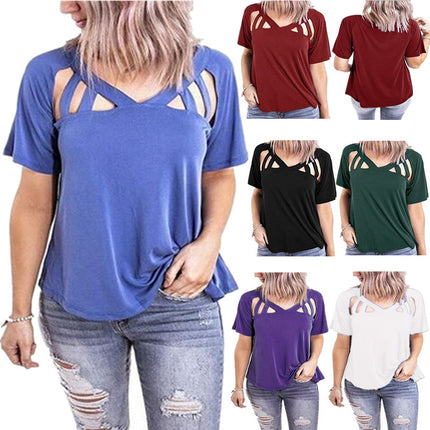 Spring and Summer 2020 New Amazon wish European and American Cross-border Women's Loose V-neck Short-sleeved Hollow T-shirt Top for Women